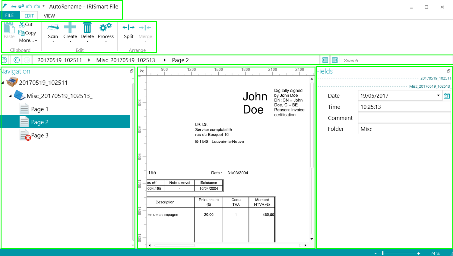 Основное окно IRISmart Invoice с навигацией, просмотром и полями