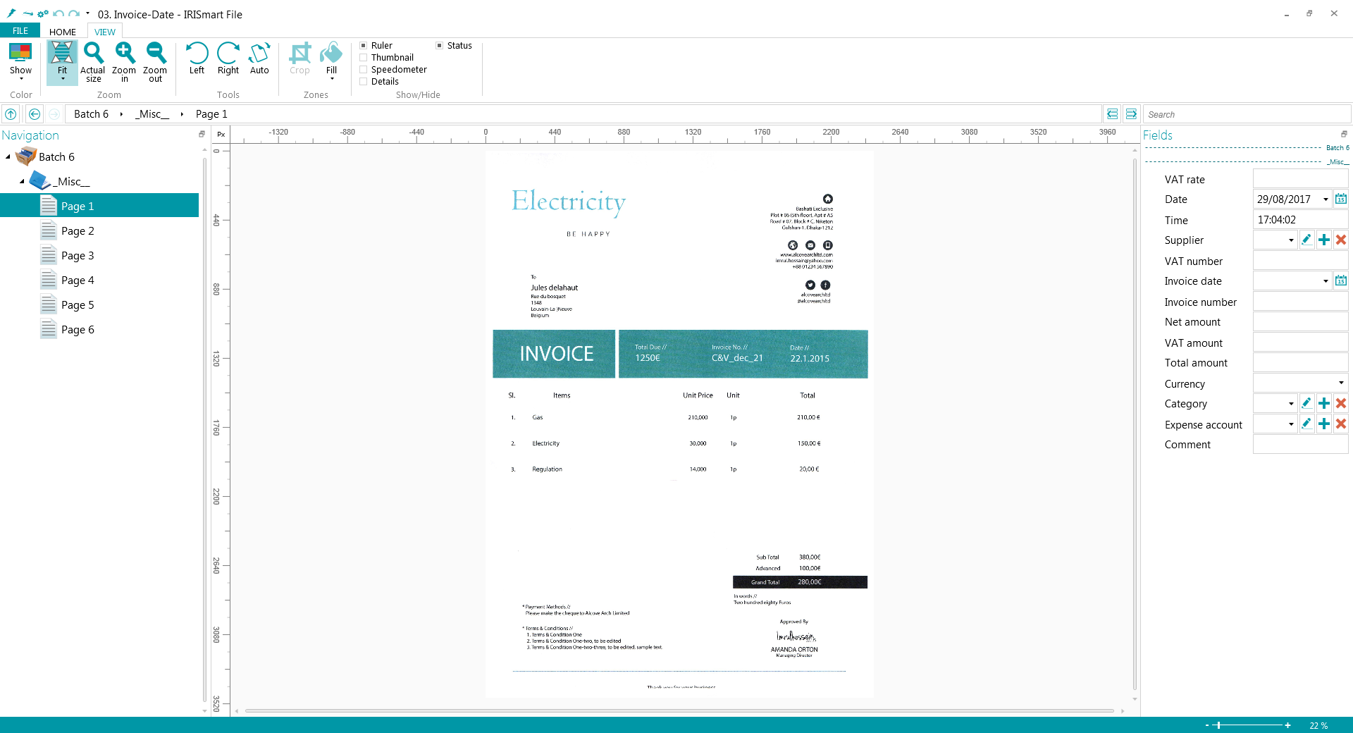 Экран Invoice Date с изображением счета и реквизитами