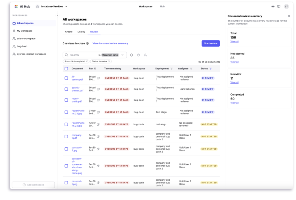 Очередь и панель ручной проверки Instabase AI Hub