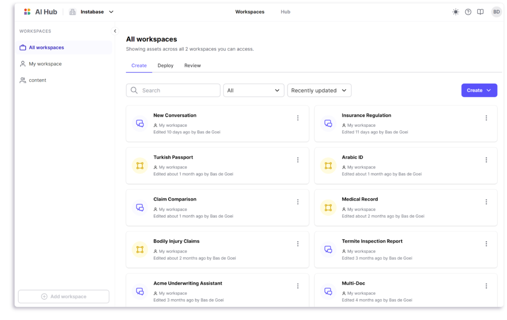 Список рабочих пространств Instabase AI Hub