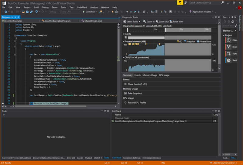 Измерение производительности IronOCR в диагностике Visual Studio