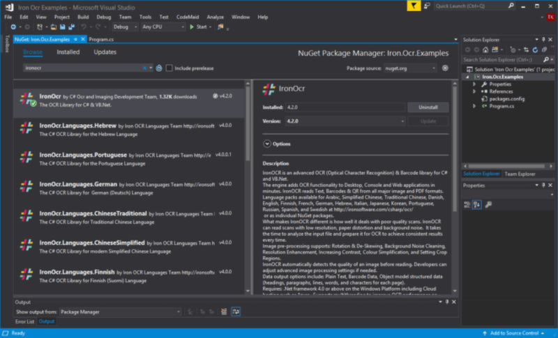 Пакет IronOCR в диспетчере NuGet Visual Studio