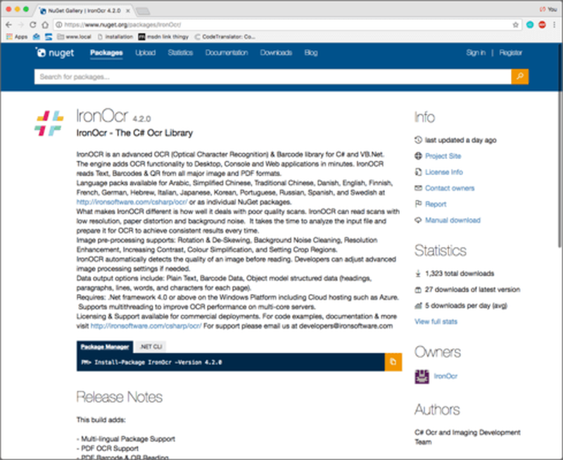 Страница пакета IronOCR в каталоге NuGet