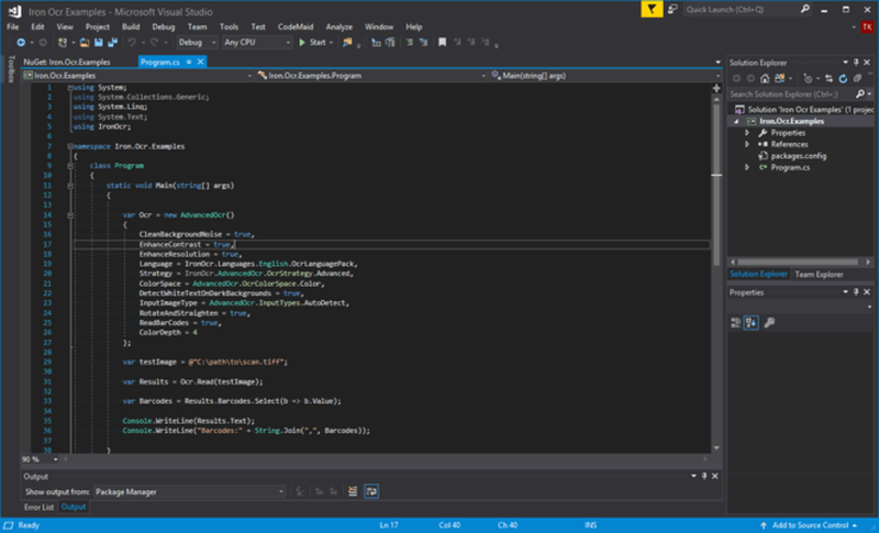 Код настройки IronOCR в редакторе Visual Studio