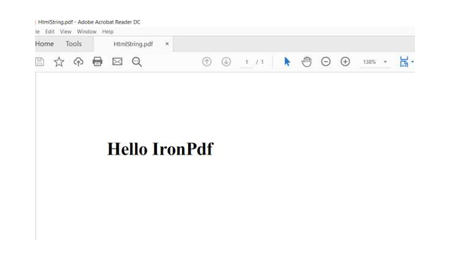 Результат первого примера IronPDF в среде разработки