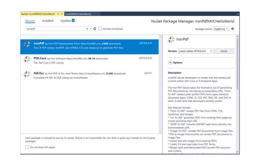 Поиск пакета IronPDF в менеджере NuGet
