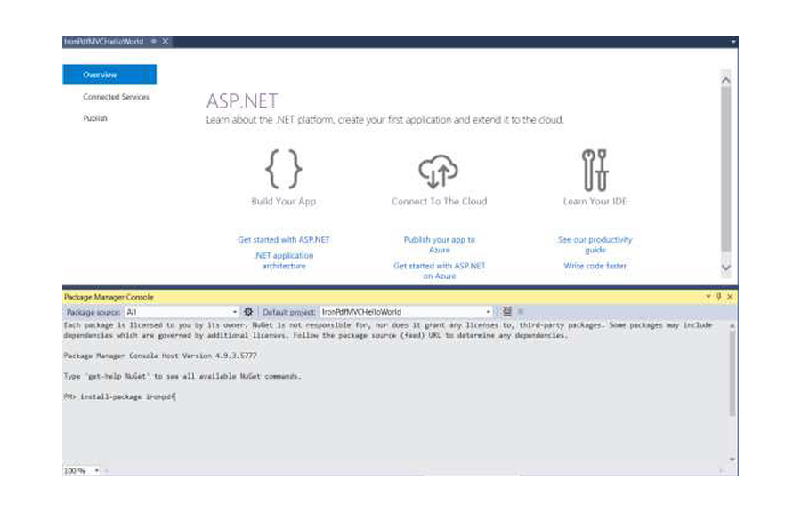 Установка IronPDF через консоль пакетов Visual Studio