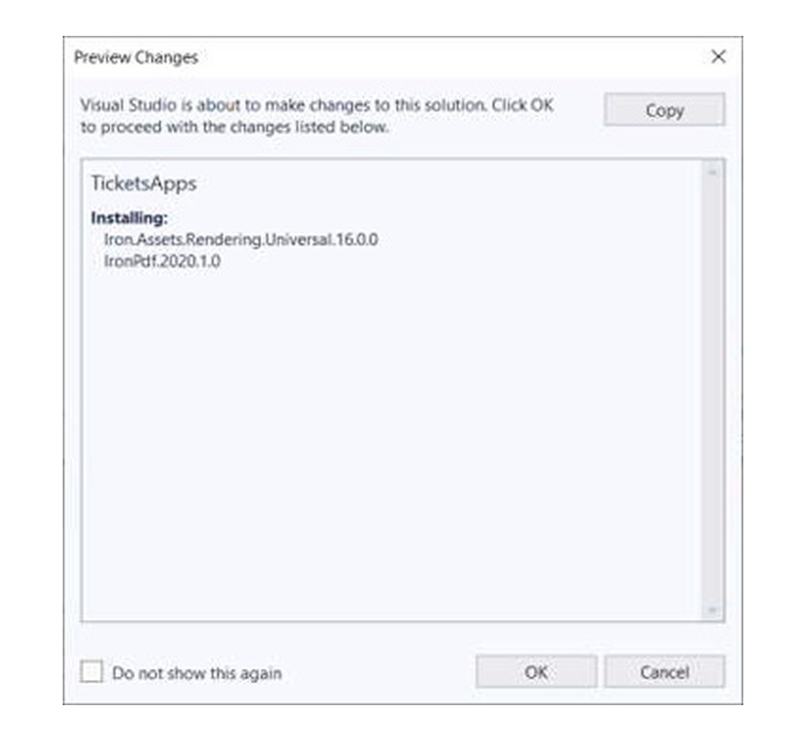 Подтверждение изменений пакетов при добавлении IronPDF