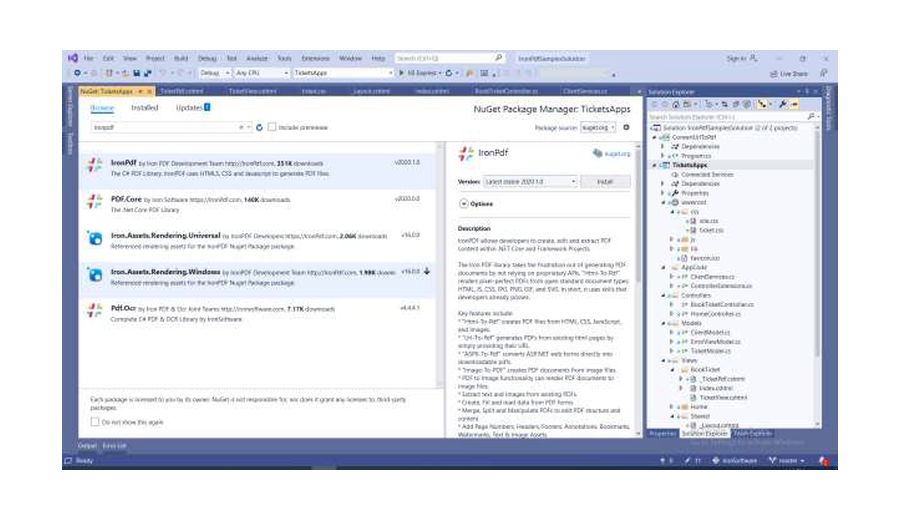Solution Explorer с файлами MVC-проекта IronPDF