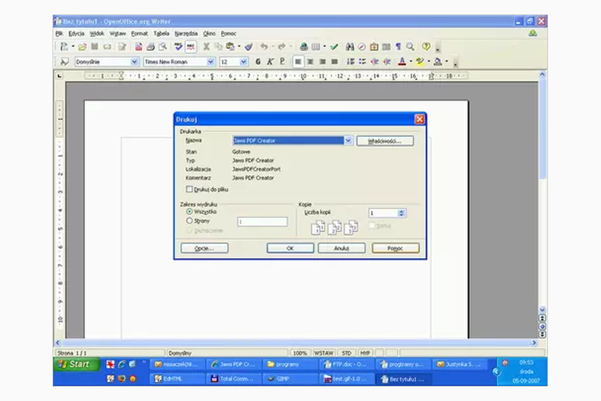 Выбор JAWS PDF Creator в окне печати