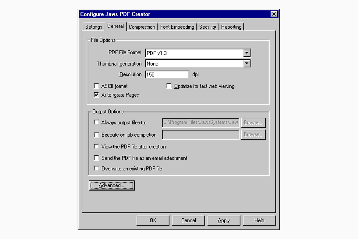 Вкладка General в JAWS PDF Creator
