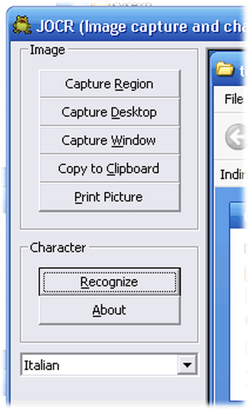 Левая панель JOCR с командами Capture Region, Capture Desktop, Capture Window и Recognize