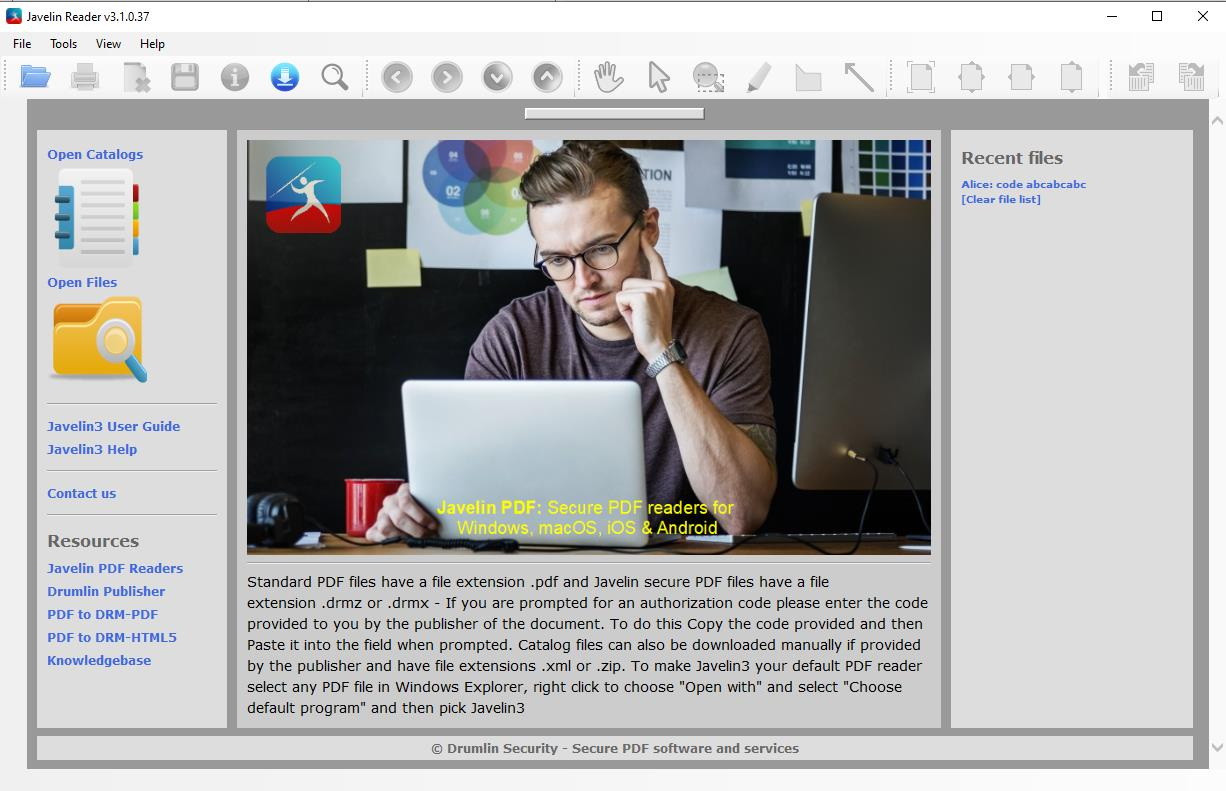 Стартовый экран Javelin3 PDF Reader для Windows