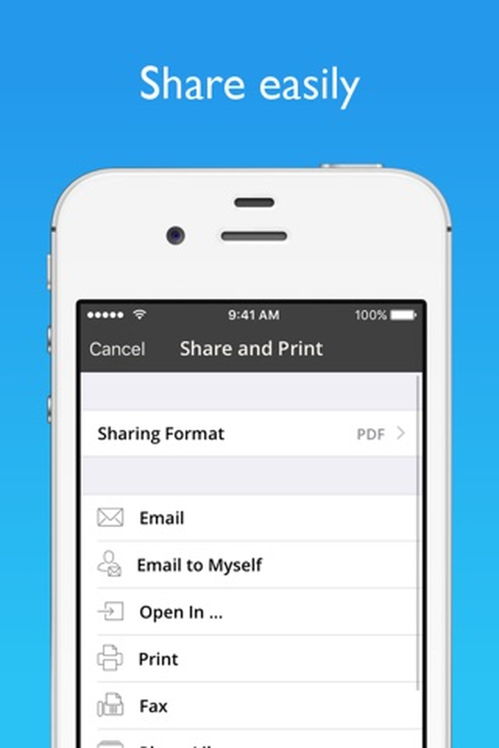 Выбор PDF и способов отправки в JotNot Scanner