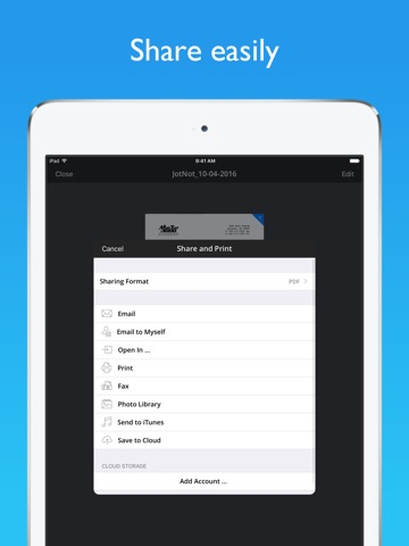 Меню Share and Print в JotNot Scanner на iPad