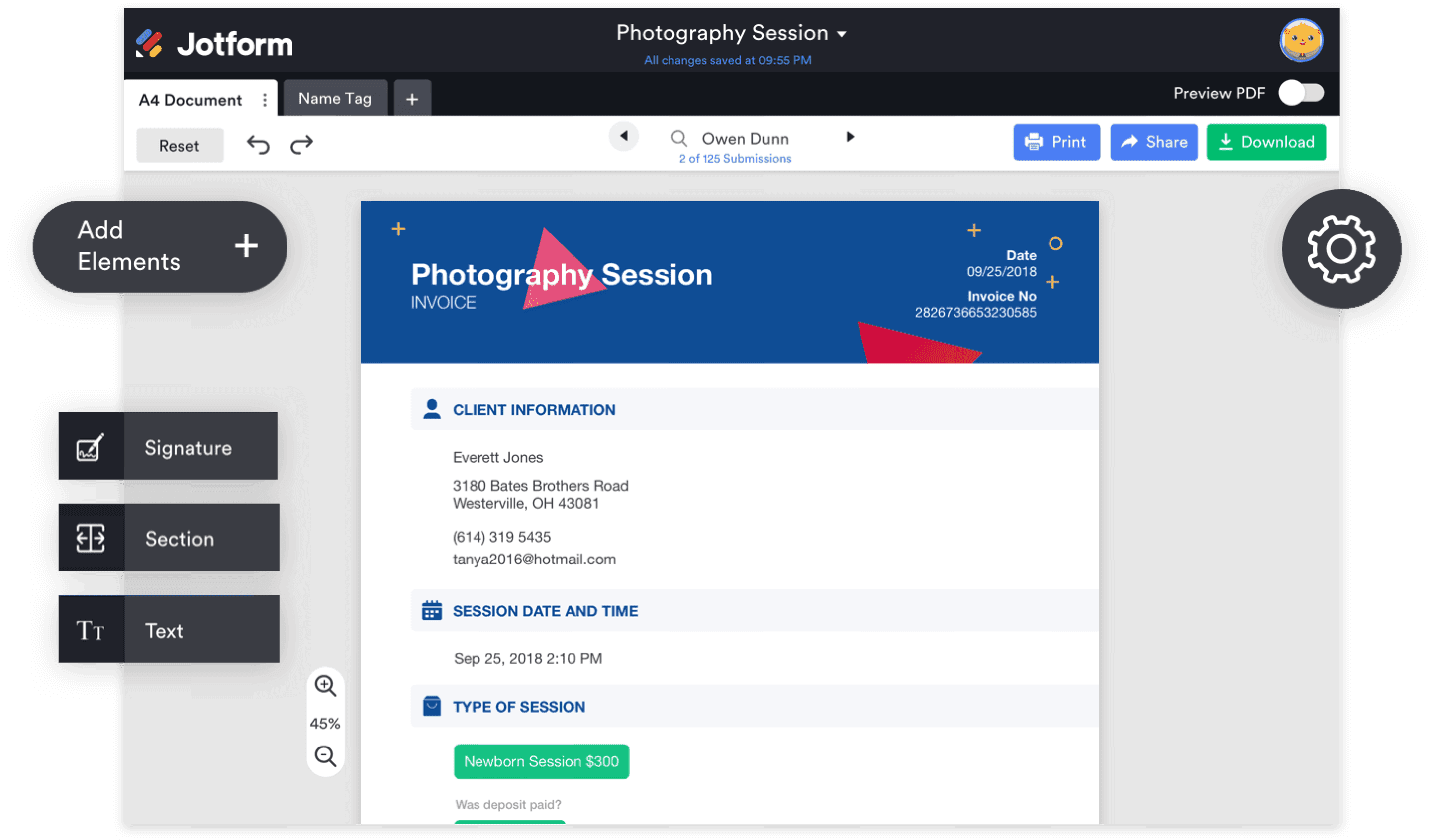 Рабочее окно Jotform PDF Editor с панелью элементов, предпросмотром и командами отправки