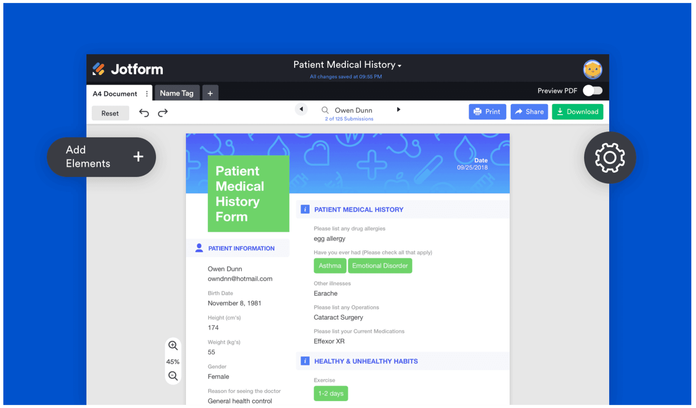 Интерфейс Jotform PDF Editor с командами печати, отправки и скачивания