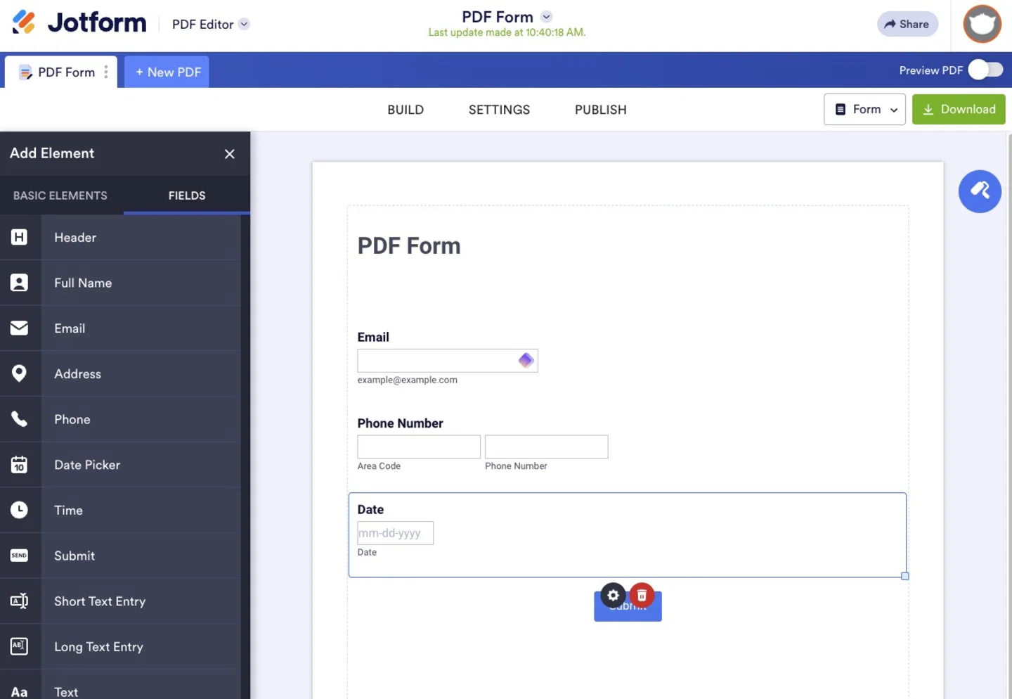 Поля формы в редакторе Jotform PDF