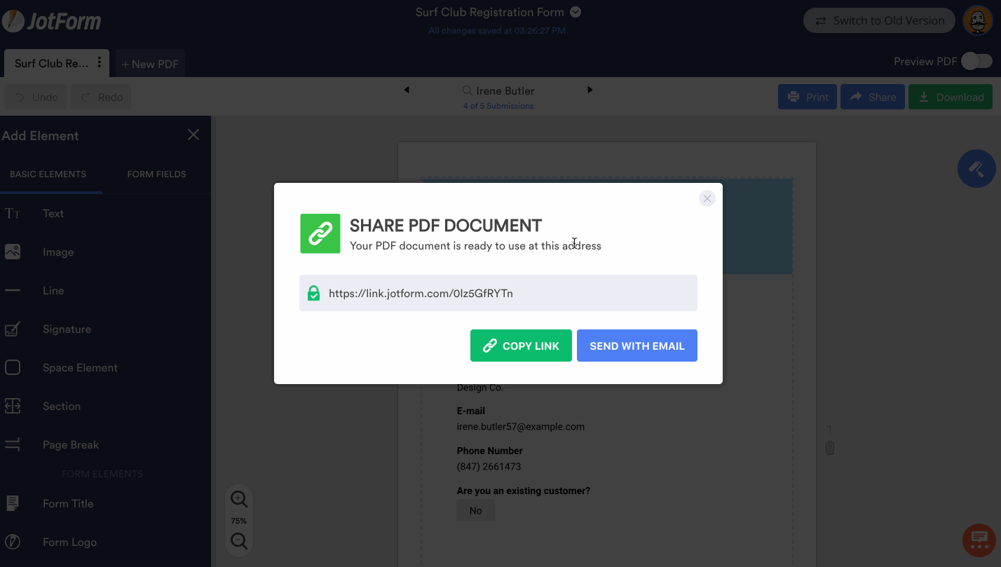 Диалог публикации и передачи PDF в Jotform