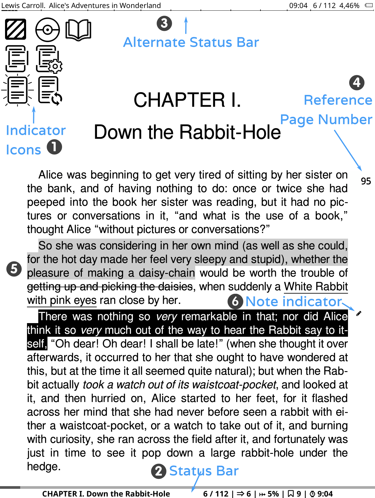 Экран чтения KOReader со строкой состояния, заметкой и индикаторами