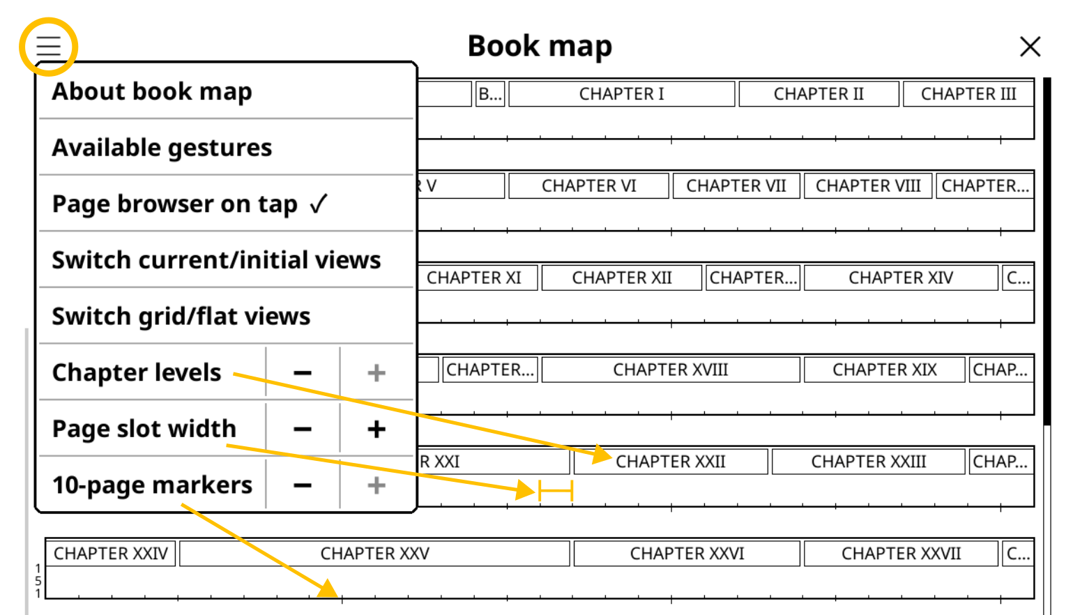Параметры отображения карты книги KOReader