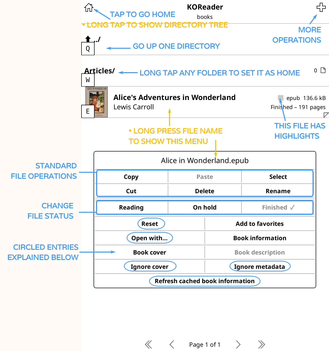 Файловый браузер KOReader с основными областями интерфейса