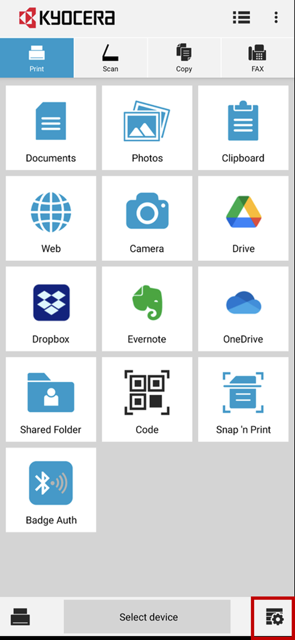 Главный экран печати KYOCERA Mobile Print с источниками документов