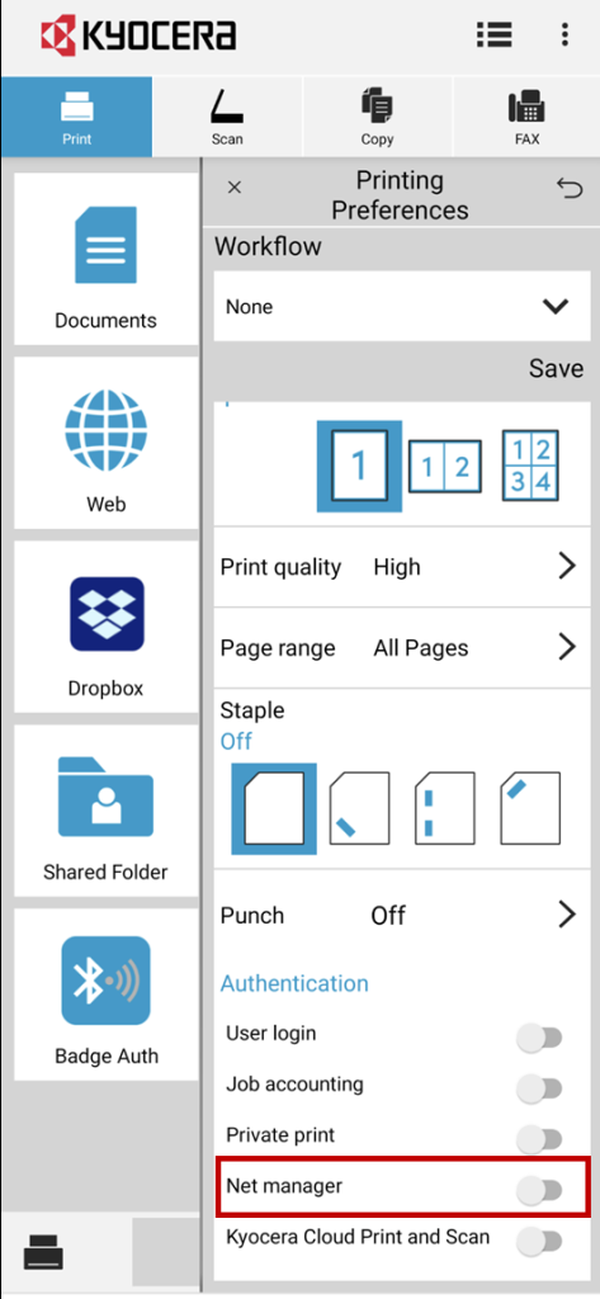Панель Printing Preferences с качеством и аутентификацией