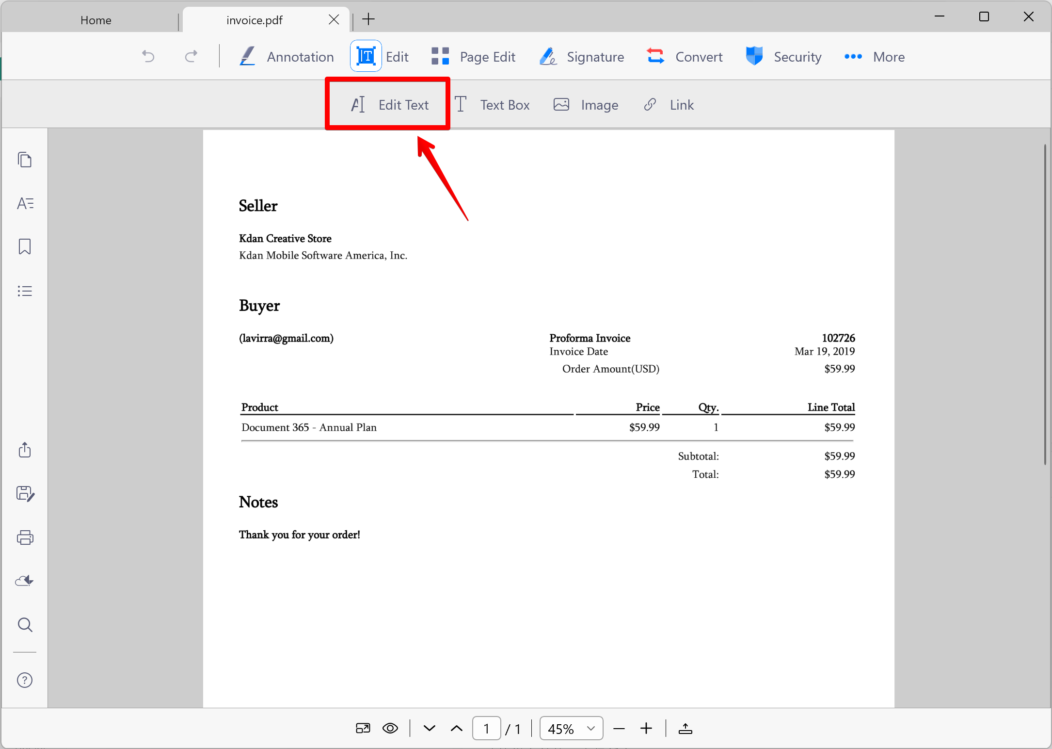 Команда редактирования текста в Kdan PDF Reader