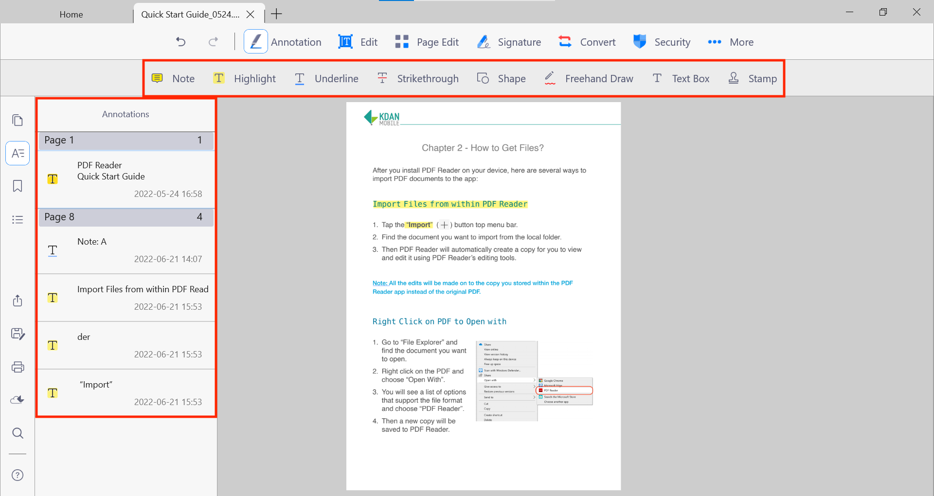 Панель списка аннотаций Kdan PDF Reader