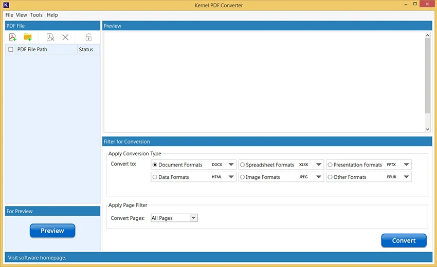 Главное окно Kernel for PDF Converter с таблицей PDF File и областью Preview