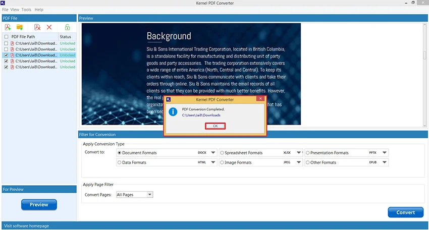 Сообщение Conversion Completed с доступом к папке результата