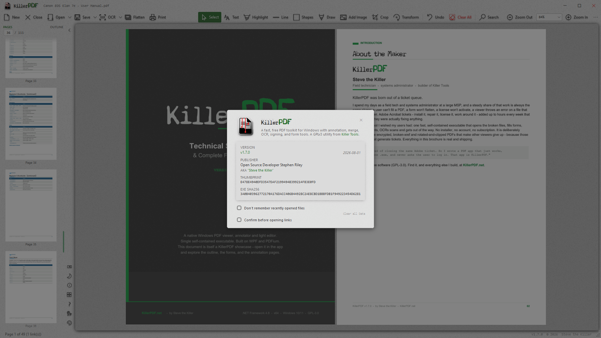 Окно сведений и проверки подписи KillerPDF