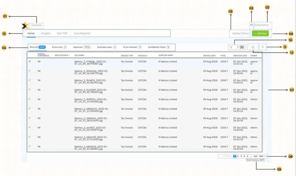 Главная очередь документов KlearStack с фильтрами, вкладками статусов и таблицей