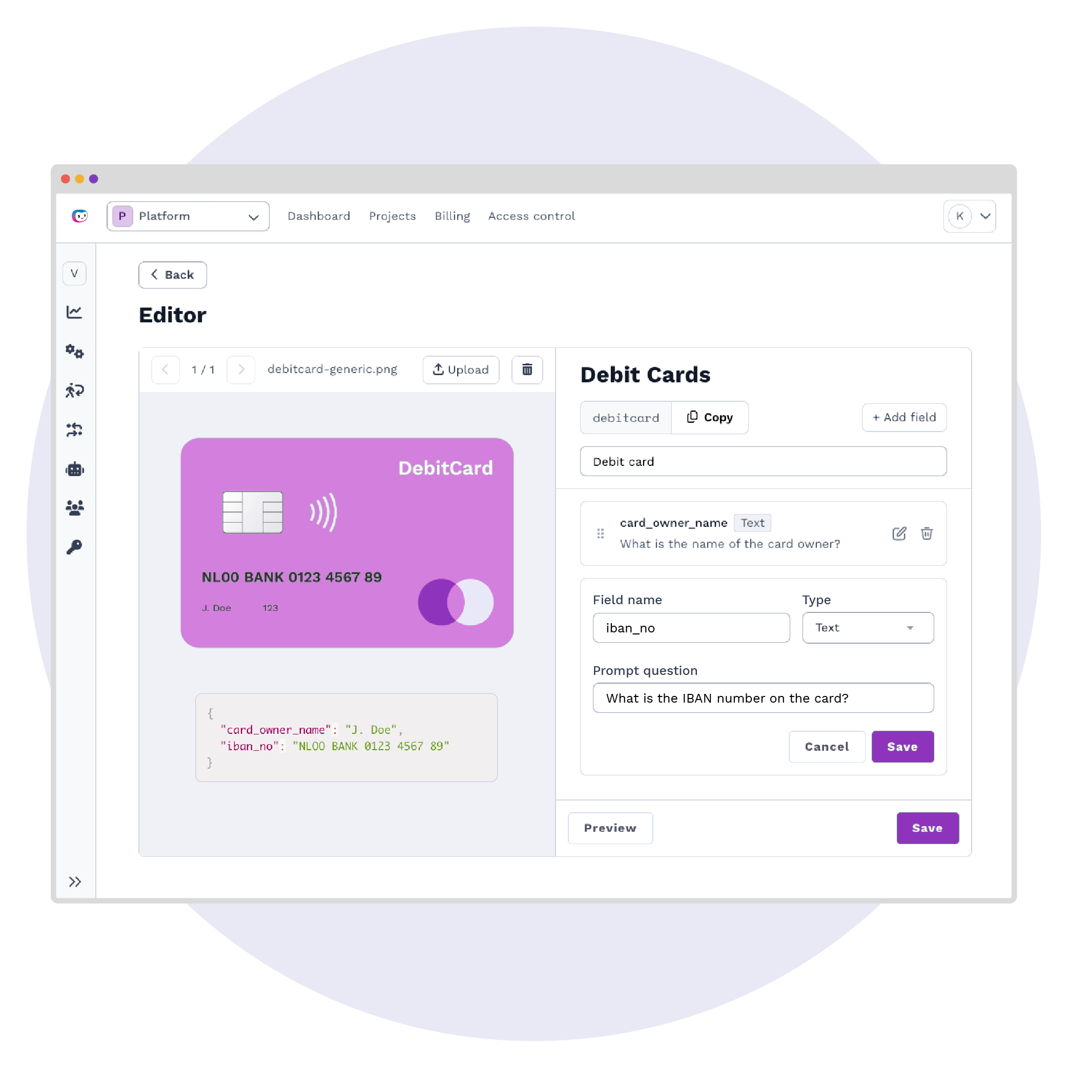Редактор Prompt Builder с образцом банковской карты, полями модели и предпросмотром JSON