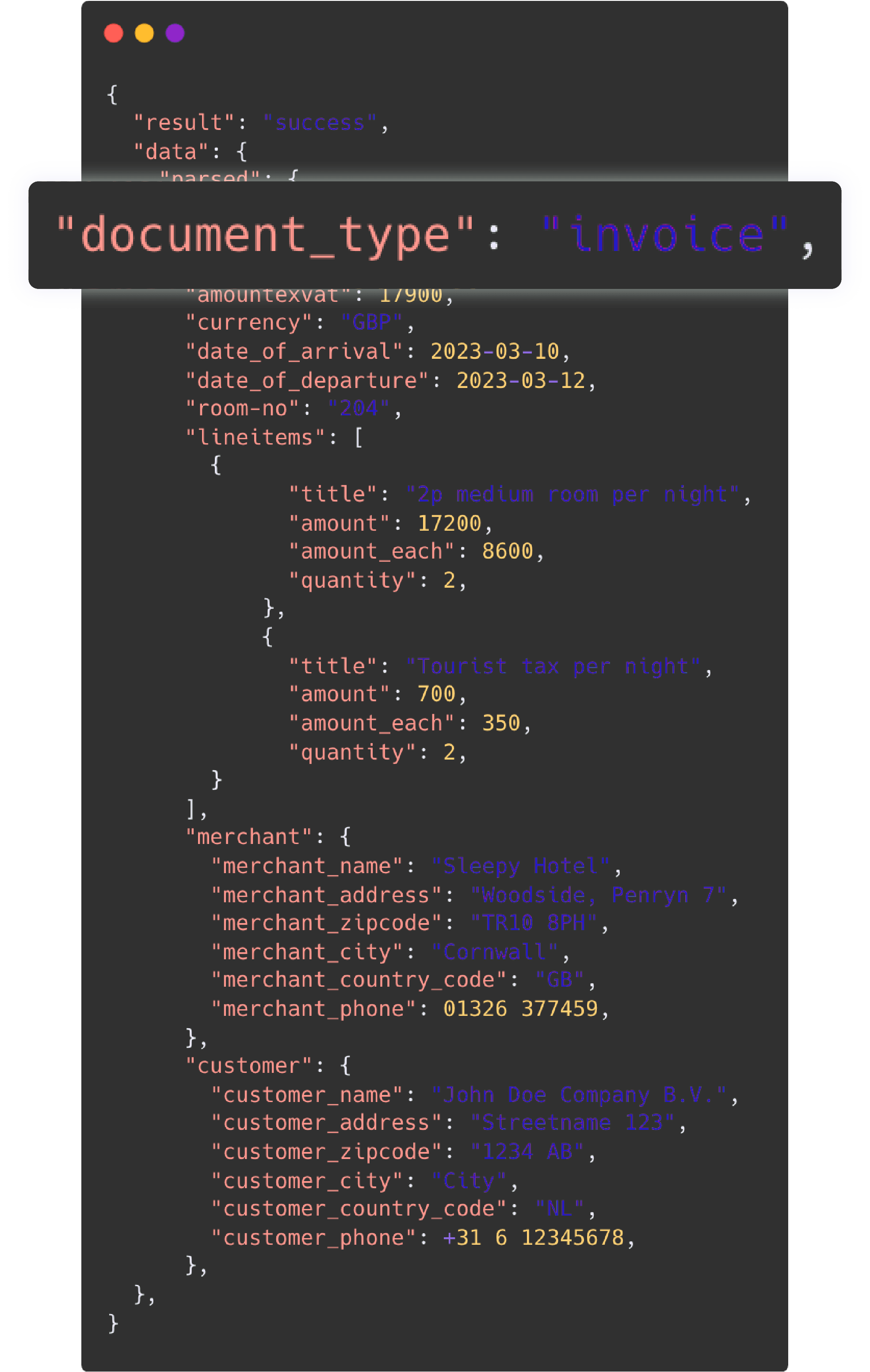 Структурированный JSON с типом документа, суммами, строками и реквизитами гостиничного счёта