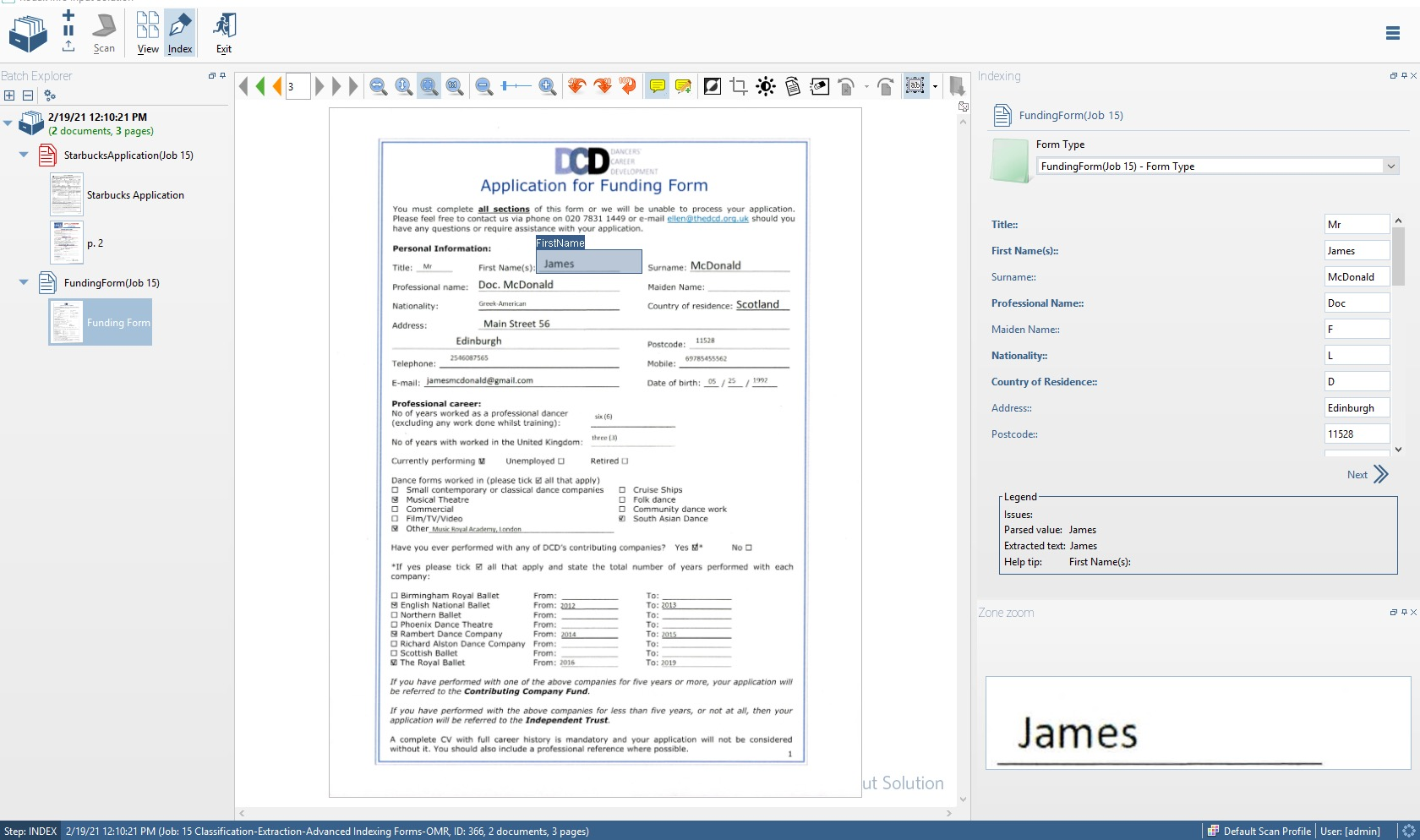 Индексирование документа и зона увеличения в Kodak Info Input Solution