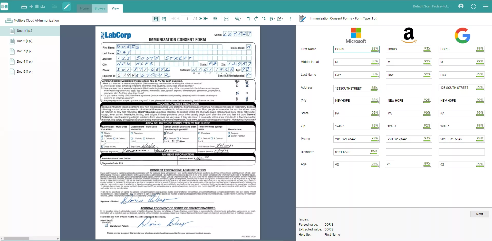 Сопоставление результатов распознавания Microsoft, Amazon и Google в Kodak Info Input Solution