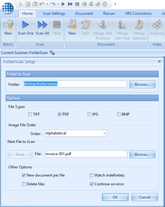 Настройка FolderScan в Kofax Express для TIFF, PDF, JPEG и BMP