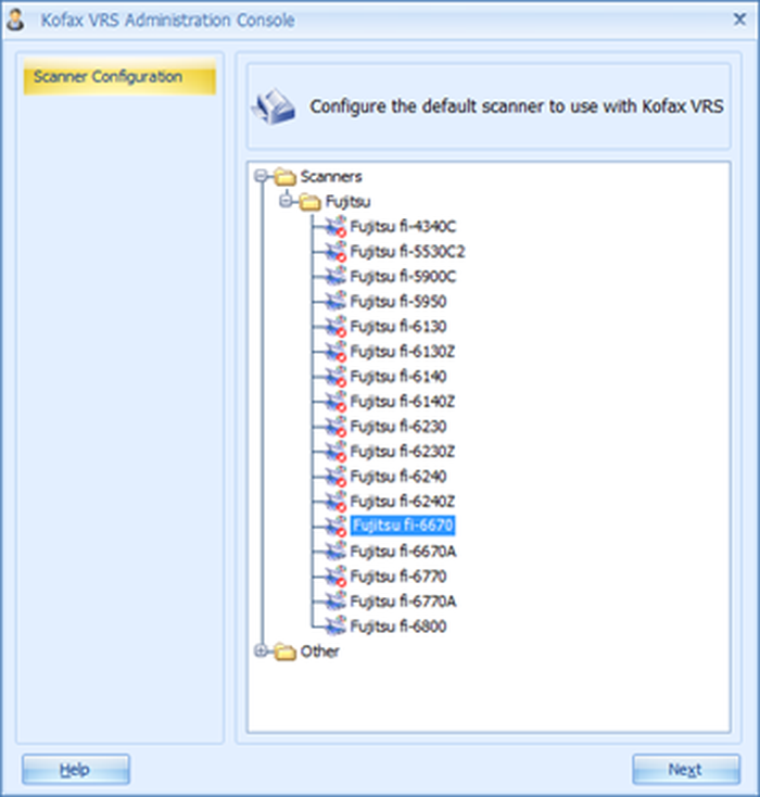 Выбор сканера в Kofax VRS Administration Console