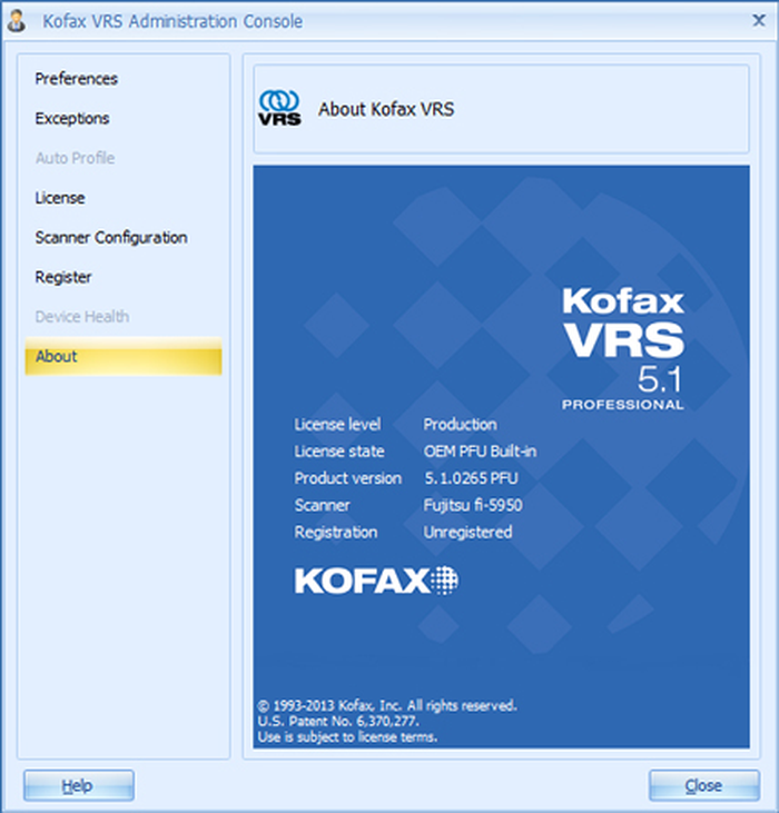 Окно About Kofax VRS Professional с данными версии, лицензии и сканера