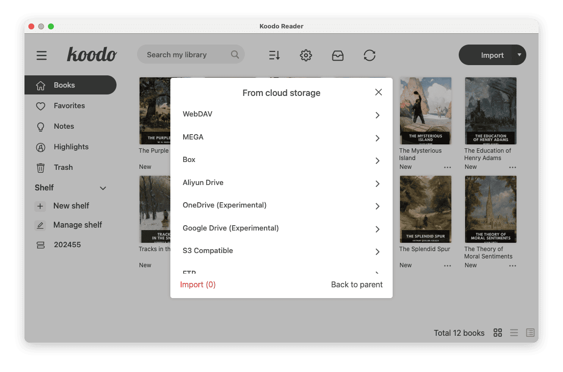 Окно импорта книг Koodo Reader из облачных и серверных хранилищ