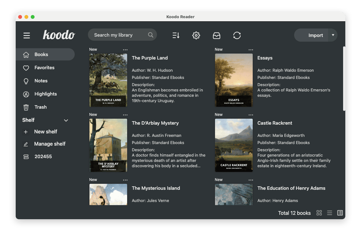 Подробный список книг Koodo Reader в тёмной теме