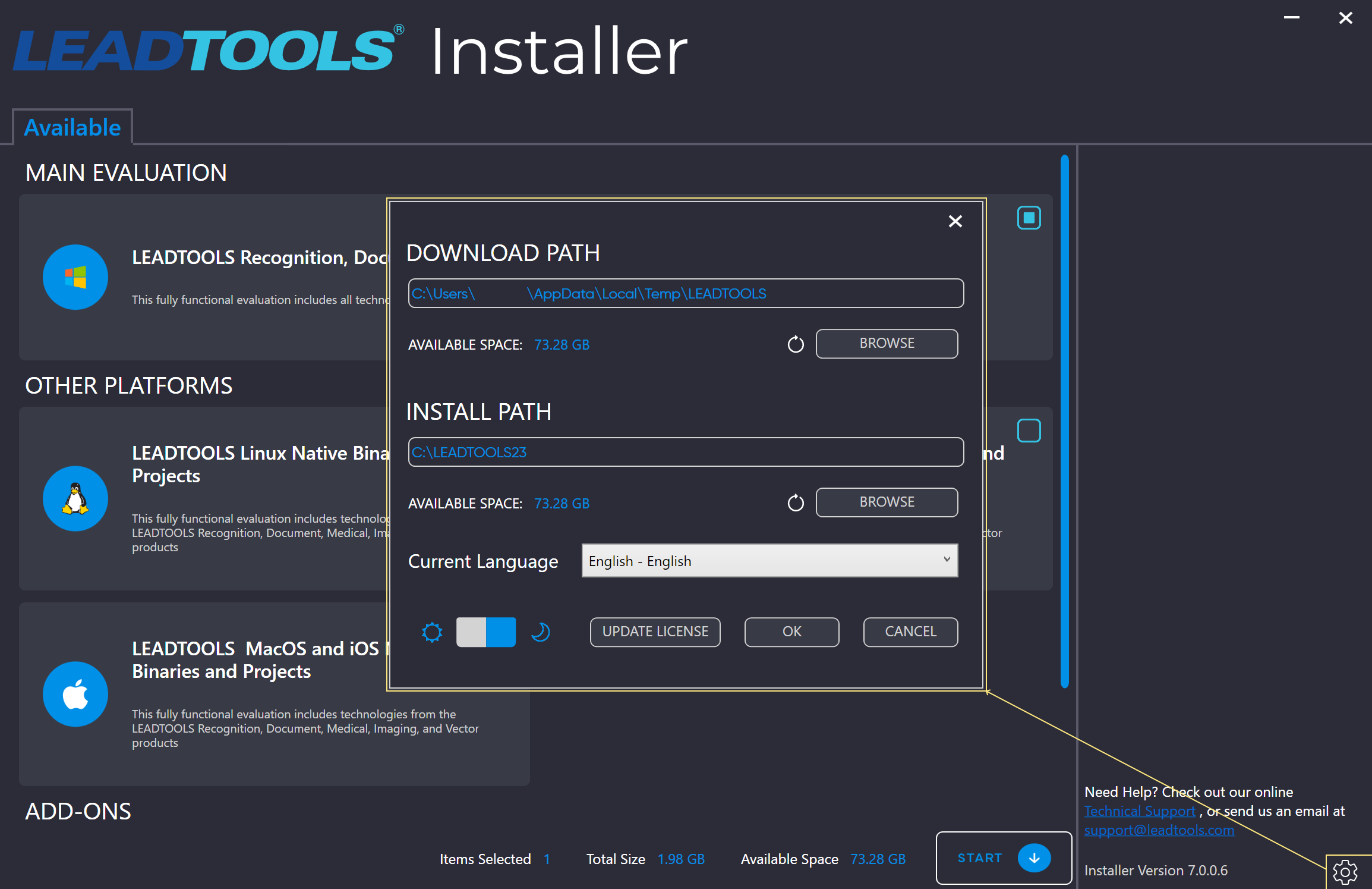 Параметры каталогов загрузки и установки LEADTOOLS