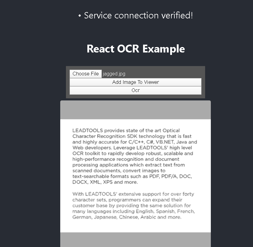 Изображение, загруженное в React-пример OCR LEADTOOLS