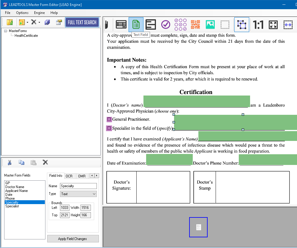 Текстовые поля на эталонной форме в Master Forms Editor