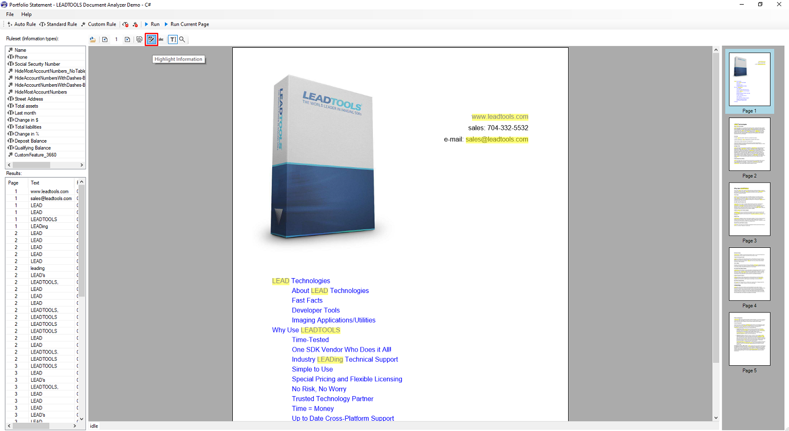 Подсветка найденных правилом фрагментов в демонстрации Document Analyzer