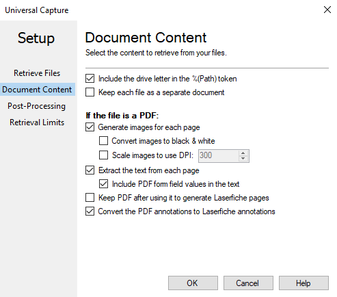 Настройки содержимого PDF в Universal Capture