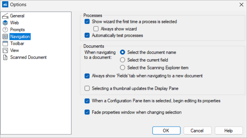 Навигационные параметры Laserfiche Scanning