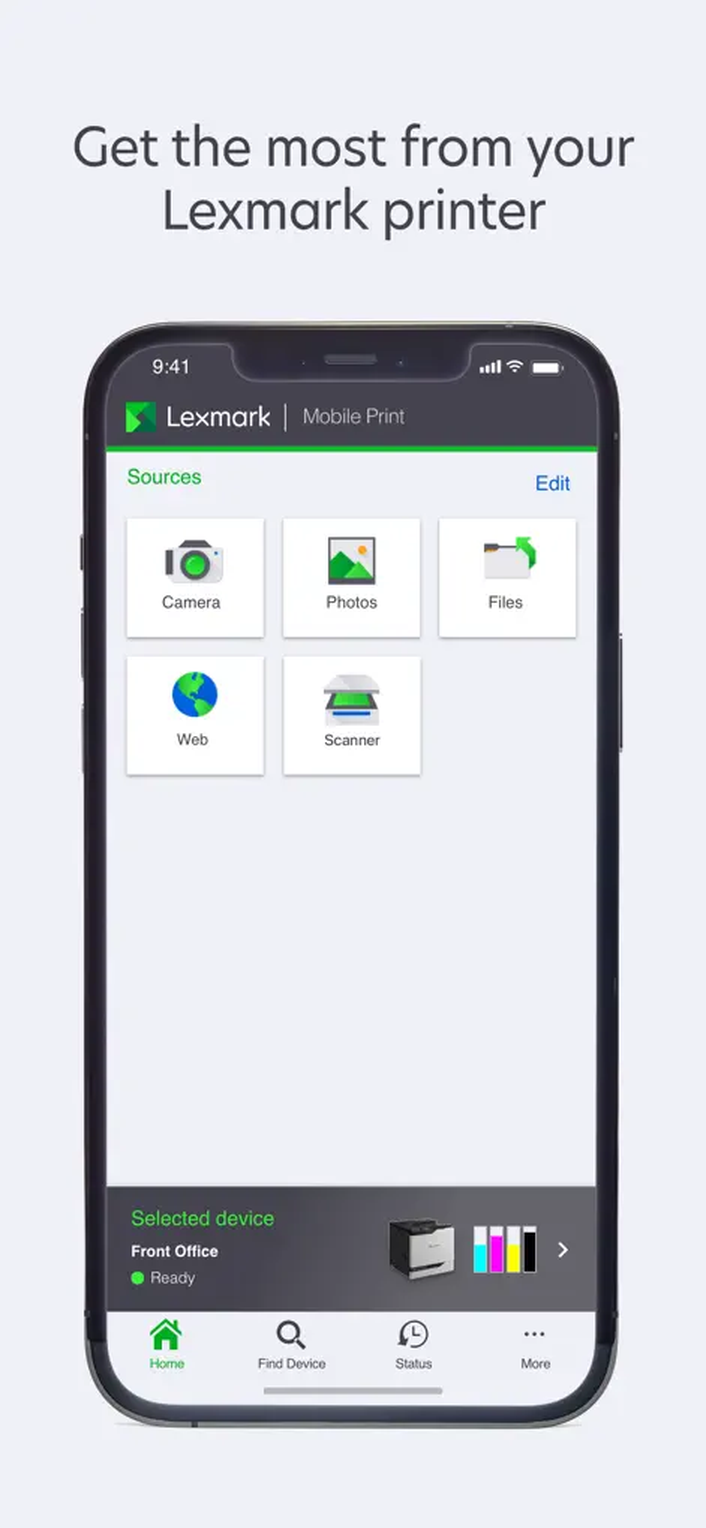 Главный экран Lexmark Print с источниками документов и выбранным устройством